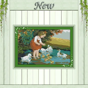 

Little girl and ducks in pool painting counted print on canvas DMC 11CT 14CT kits chinese Cross Stitch embroidery needlework Set