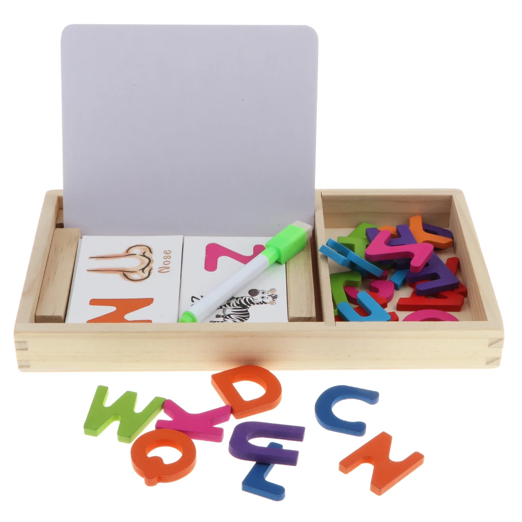 Wooden Alphabet Letters Matching Puzzle ABCs Flash Cards with Writing Board and Storage Box for Kids Preschool Learning
