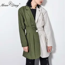 MIAOQNING Для женщин пиджаки и куртки пальто с длинными рукавами Повседневное уличная Винтаж Блейзер модный пэчворк Цвет полосой Дамы Топ