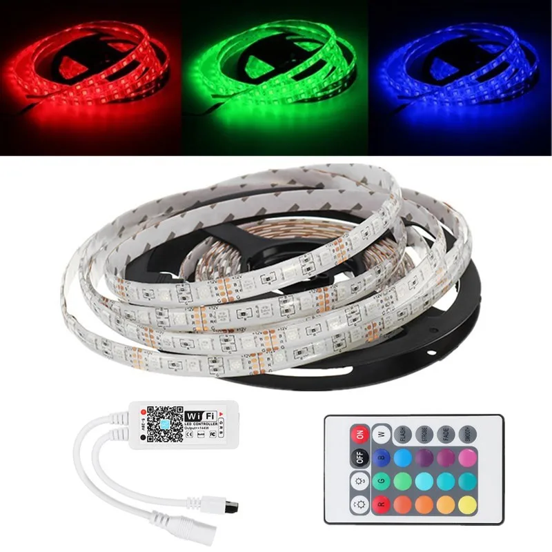 

5M RGB LED Strip Light+WiFi Controller Works With Alexa+24Keys Remote Control DC12V IP65/IP20 Waterproof Lamp bar