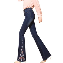 Туфли, украшенные вышивкой, расклешенные джинсы женские дял похудания штаны для фитнеса женские Высокая Талия Ленточки кнопка карманы на молнии женские джинсовые брюки