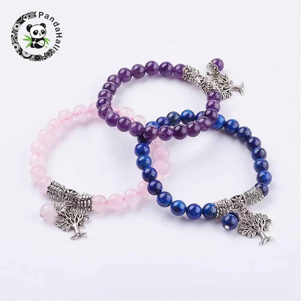 natural stone stretch bracelets, with tibetan style pendants, 2"(51mm