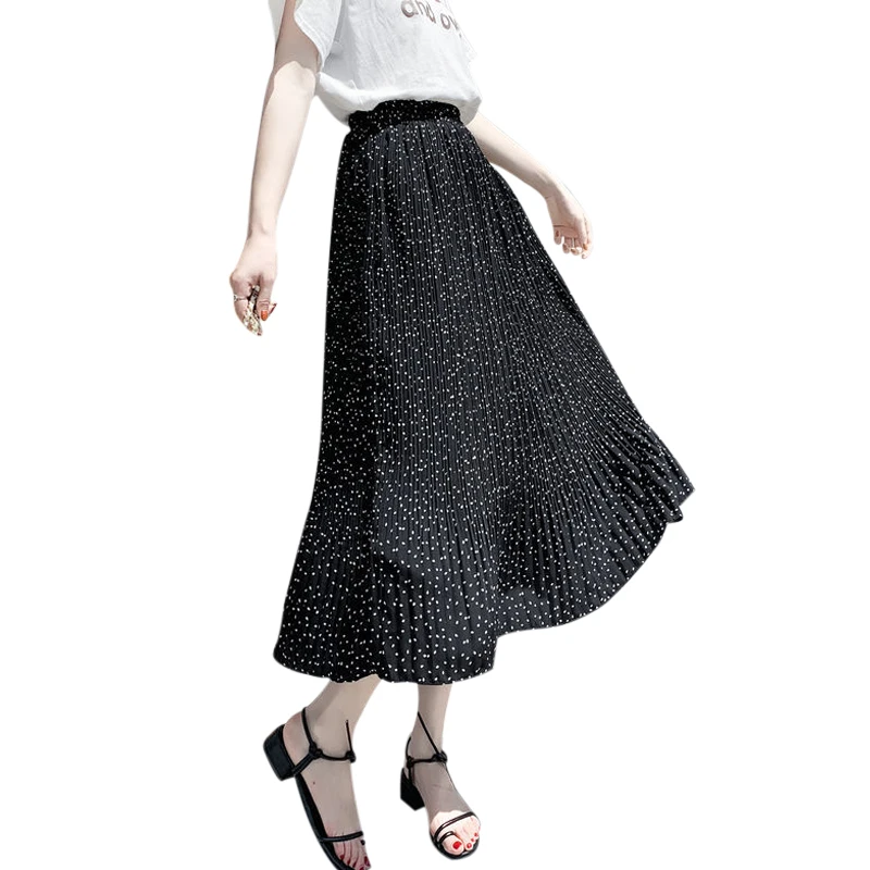 В Горошек плиссированная юбка летний повседневное дамы эластичный высокая талия юбки для женщин для макси-юбка из шифона jupe femme