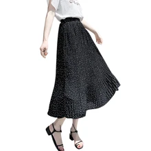 В Горошек плиссированная юбка летний повседневное дамы эластичный высокая талия юбки для женщин для макси-юбка из шифона jupe femme