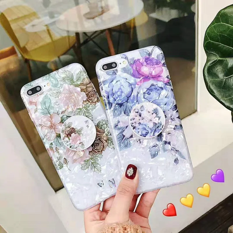 Fashion  Conch Shell Phone Case for iphone XS Max XR X 6 6S 7 8 Plus Back Cover Expanding Stand Holder Bracket Flower Case Coque (1)