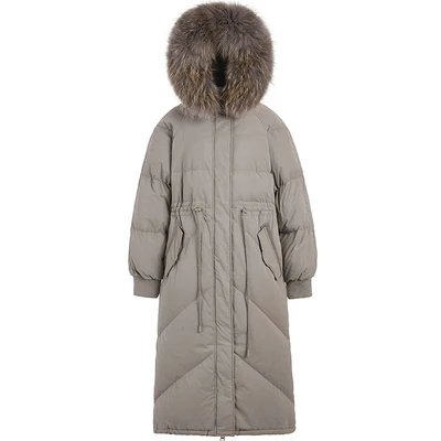 Высокое качество белый утиный пух куртки женские зимние теплые большой Лисий меховой воротник с капюшоном пальто женские длинные пуховики - Цвет: Темно-серый
