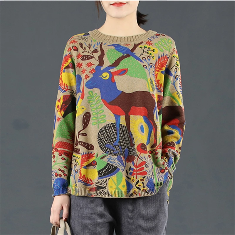 

Spring New Sweater Women 2019 Thin Cotton Sweater Loose Large Size Deer Color Printing Round Neck Pullover Top H00577