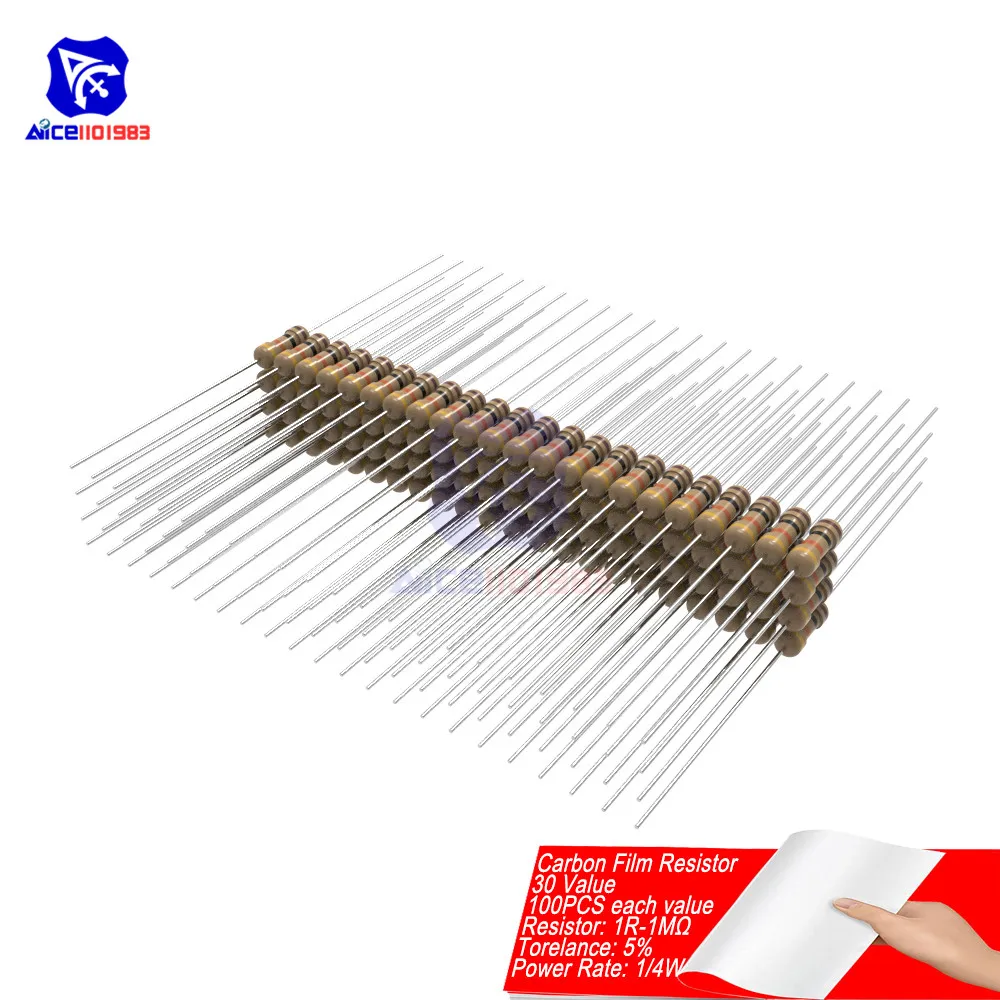 

100PCS Carbon Film Resistor 5% 1/4W 0.25W 1R-1MΩ 1R 10R 100R 220R 1K 2.2K 4.7K 10K 22K 47K 100K 470K 1MΩ Ohm Resistance