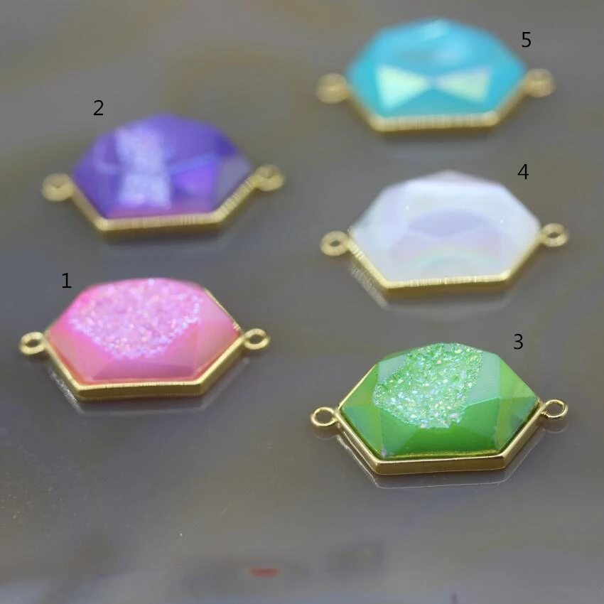 

5Pcs/lot,Gold Edges Raw Agates Druzy Connectors,Titanium Natural Drusy Geode Faceted Slab Nugget Charms Pendants Jewelry