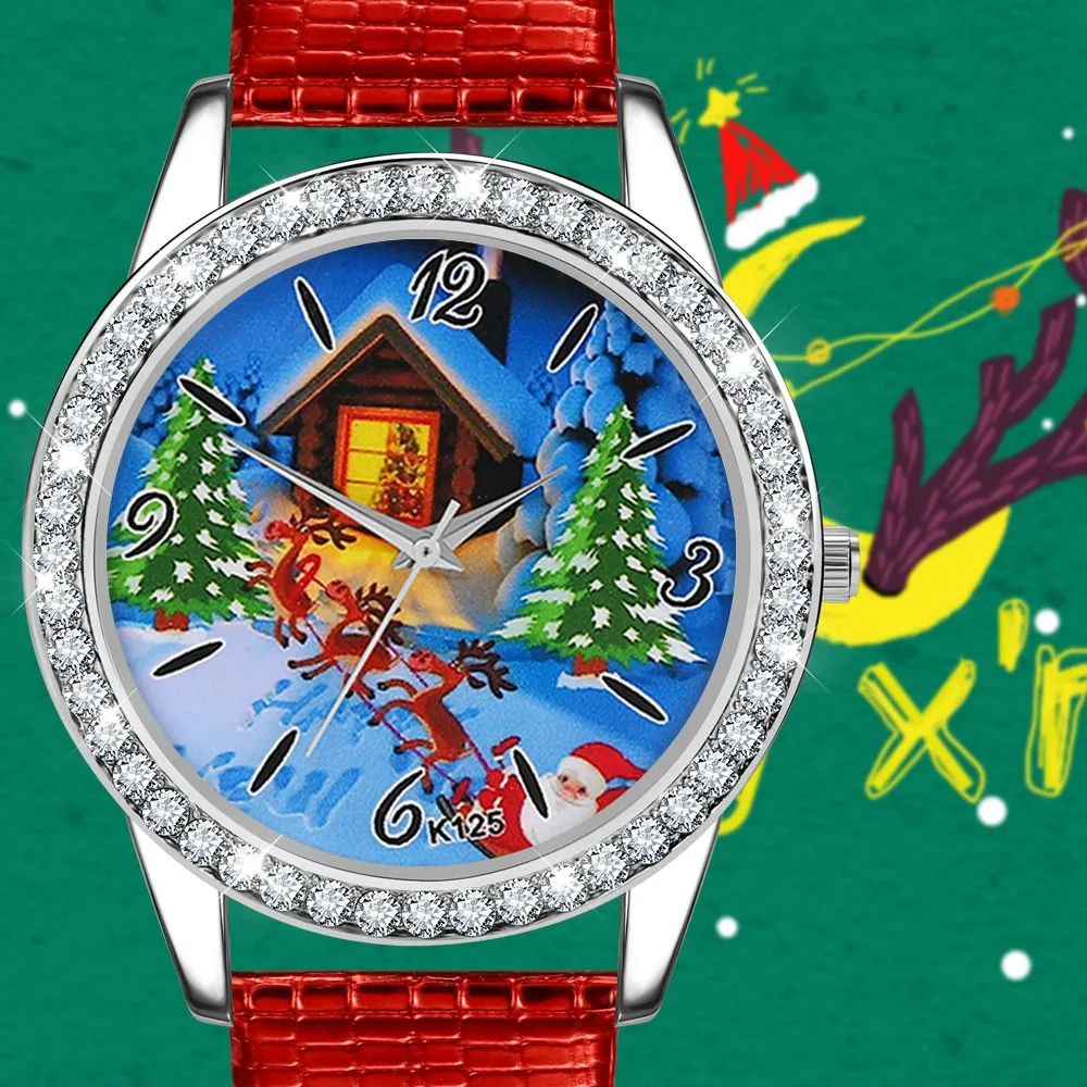 Часы женские мужские детские рождественские часы подарок Санта Клаус шаблон кожаный ремешок аналоговые кварцевые Vogue часы montre femme часы# W