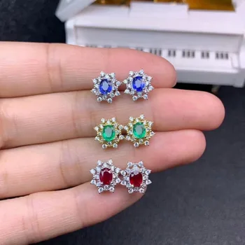 

SHILOVEM 925 sterling silver real Natural Emerald sapphire ruby stud earrings classic fine Jewelry women gift de0405023agmlhl