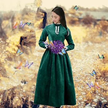 

2018 Spring Europe Medieval Vintage Hepburn Palace Long Sleeve Literature Art Mori Girl Style Green Red Lady Dress
