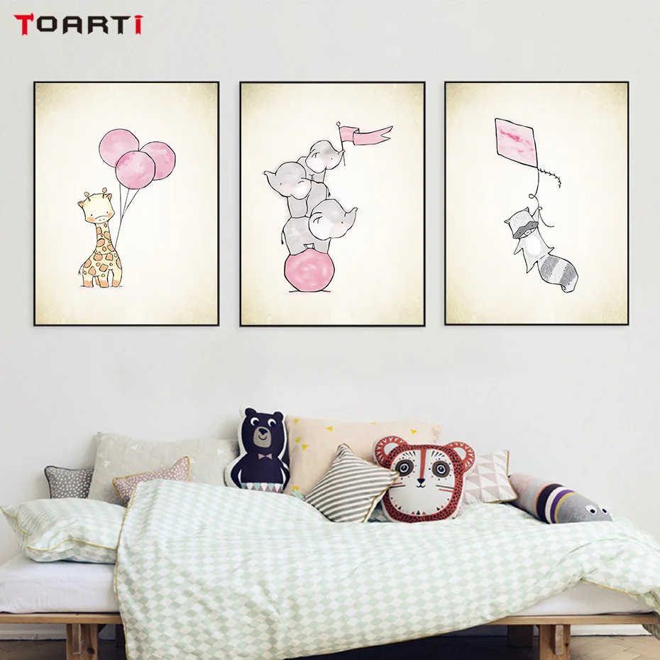 Cartoon Animals Balloon Adventure Wall Art Adorable Canvas Painting Colorful Vintage Poster&Prints Kids Bedroom Home Decor Mural (2)