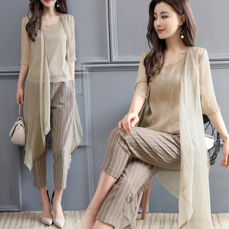Fashion Elegant Three Piece Suit Women Summer Outfits 2019 New Arrival Chiffon Coat + Vest + Striped Trousers Sets Woman Fashion Elegant Three Piece Suit Women Summer Outfits 2019 New Arrival Chiffon Coat + Vest + Striped Trousers Sets Woman