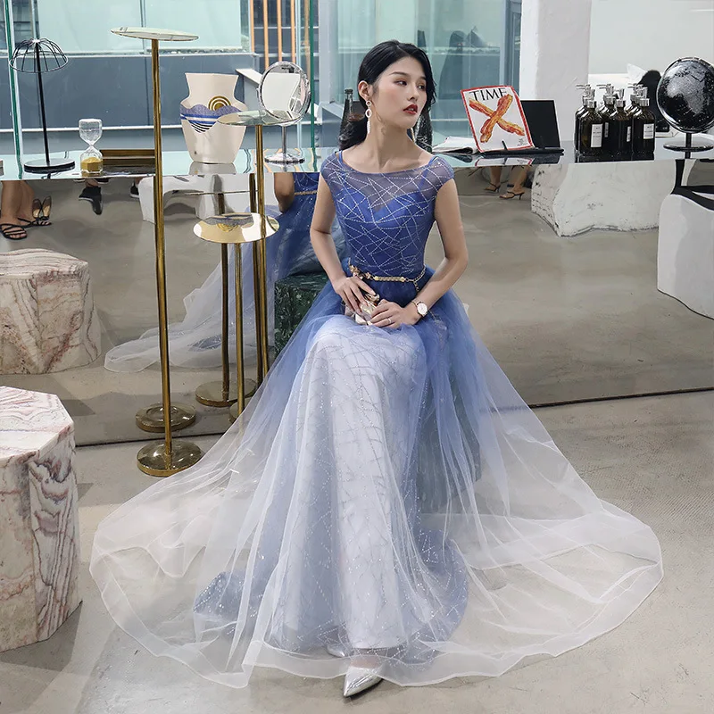 

Vestidos de Fiesta 2019 Long Evening Dresses Blue Tulle A line Formal Long Dress O Neck Plus Size