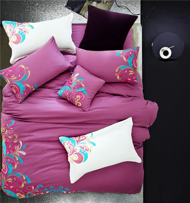 

Luxury Chinese classical style print bedding sets satin embroidery violet linens Queen/King size duvet cover set sheets sets