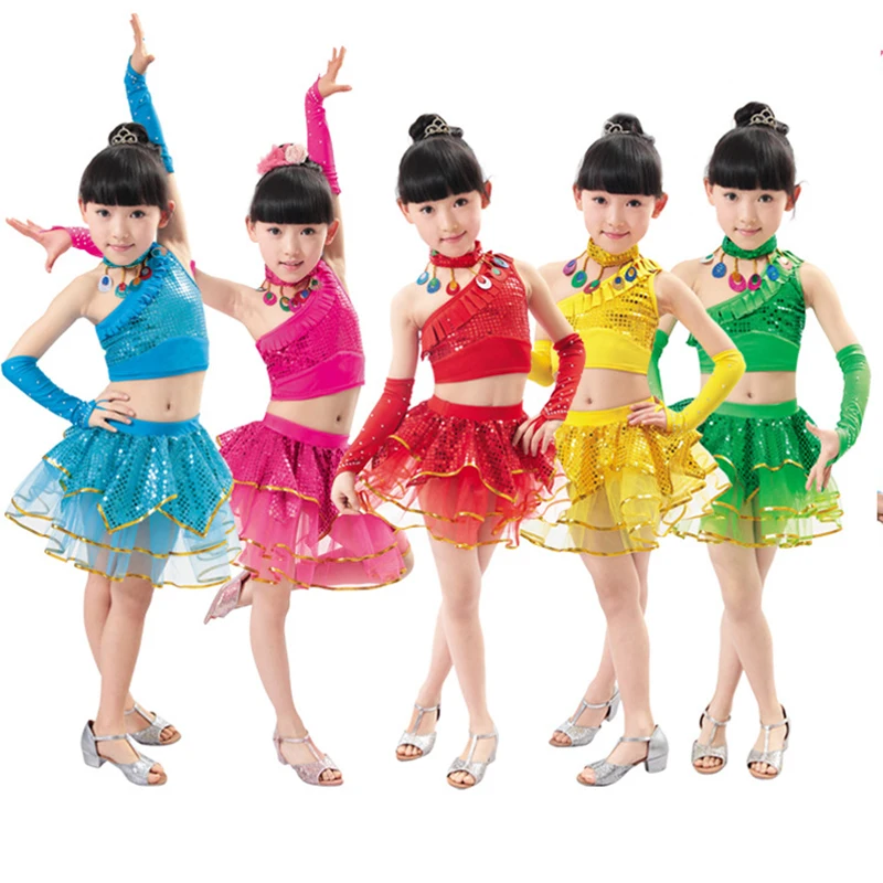 

Free shipping Girl's dance clothes child summer performance stage costume wear sequins dance dress kindergarten perform JQ-197