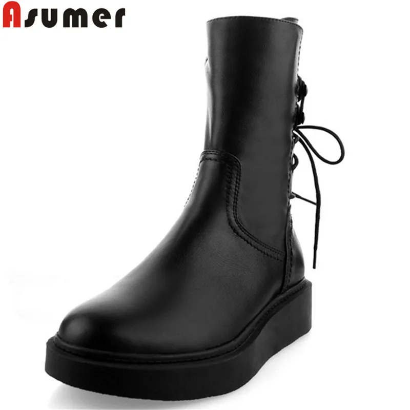 

ASUMER black fashion autumn winter boots women round toe genuine leather boors platform flat with boots cross tied ankle boots