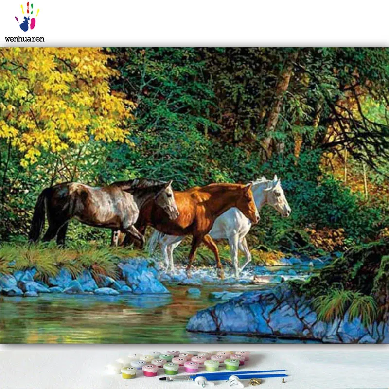 DIY картинки для раскраски по номерам с цветами галантные лошади картина Рисование Живопись по номерам в рамке дома