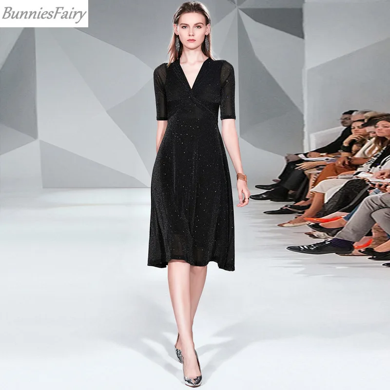 

BunniesFairy 2019 Autumn Women Elegant Sexy Sequined Bling Bling Sequined Solid Color Black Mesh Midi Dress V-Neck Half Sleeve