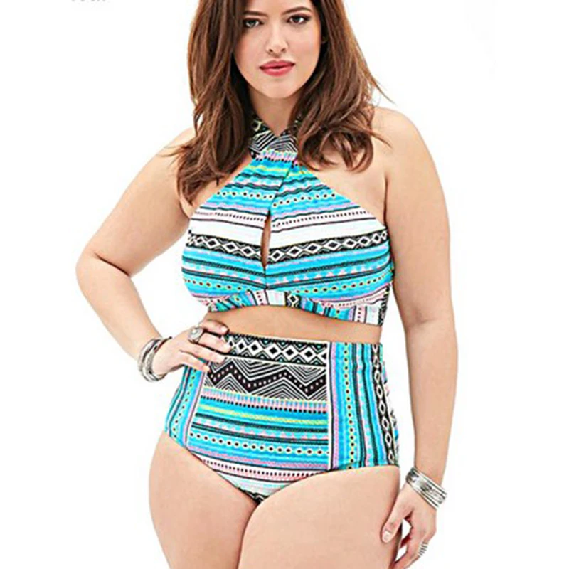 

Women High Waist Swimsuit High Neck Bikini 2017 Cross Bikinis Top Printed Swimwear Bathing Suit Female Swim Wear Plus Size 4XL