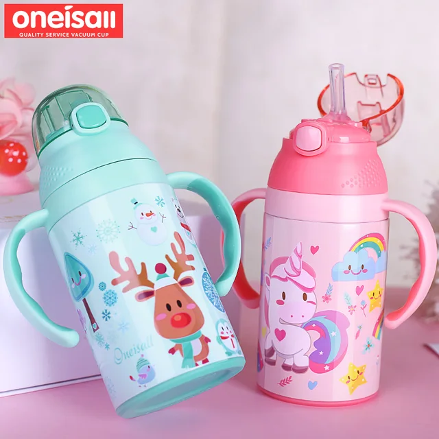 SUS 304 Kids Thermoses Handle Bottle Carton Picture Design 280ml Pink