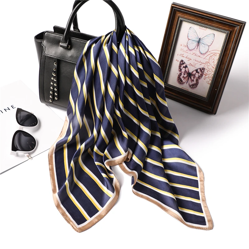 

2019 Women Silk Scarf Square Striped Print Femal Hair Neck Scarfs Foulard Fashion Neckerchief