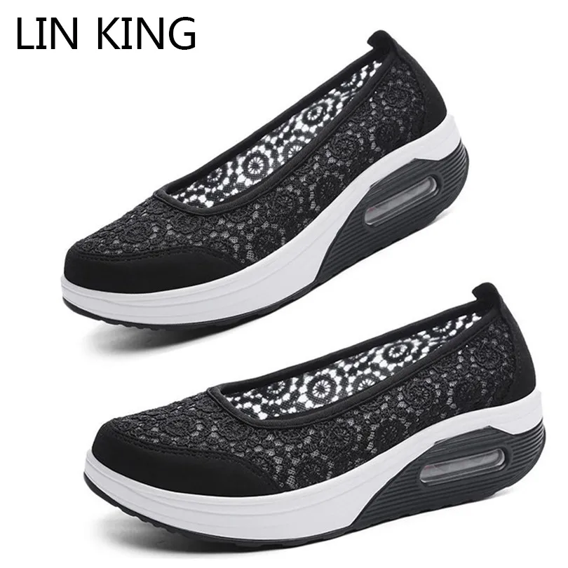 

LIN KING Big Size Women Lace Casual Shoes Comfortable Thick Sole Shallow Swing Shoes Slip On Lazy Girls Height Increase Loafers