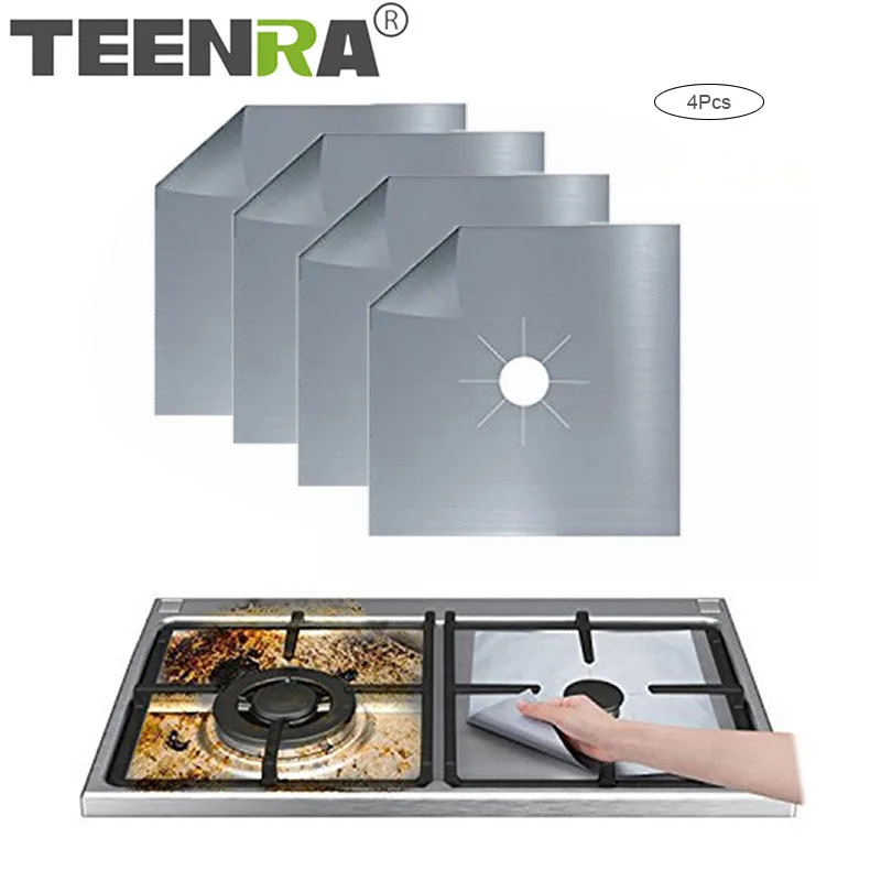 

TEENRA 4Pcs Reusable Foil Gas Hob Gas Stove Protector Gas Burner Cover Liner Mat Stovetop Burner Kitchen Accessories
