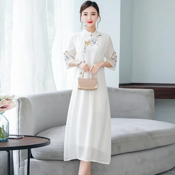 

2020 cotton linen qipao dress chinese dresses traditional print cheongsam modern qipao dress female cotton qipao dress