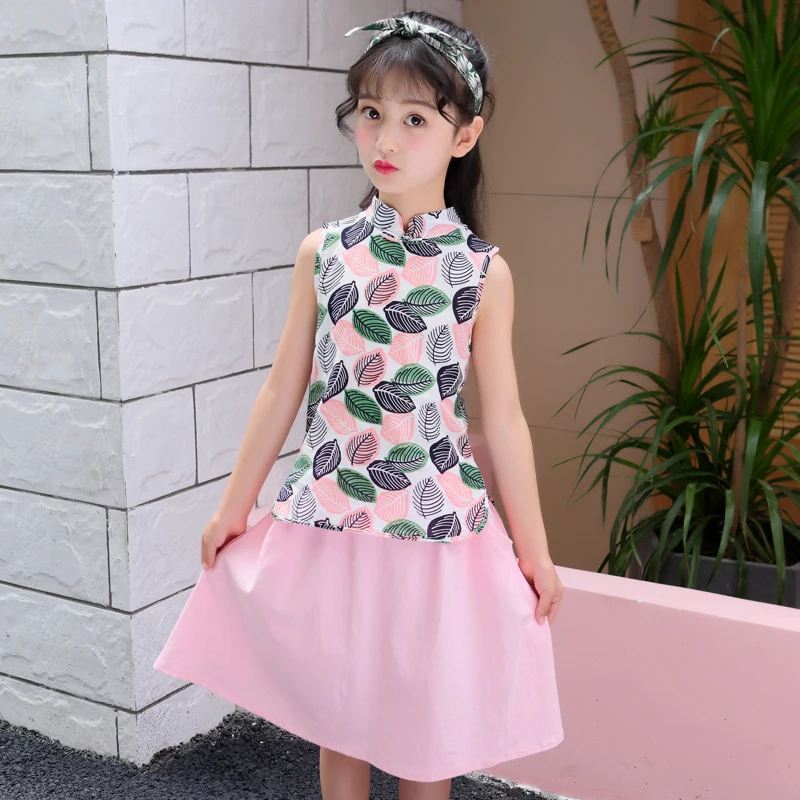 

2018 summer children's clothes girls sets print sleeveless slim cotton kids girl sets for girls suits vest and skirt 2 pieces