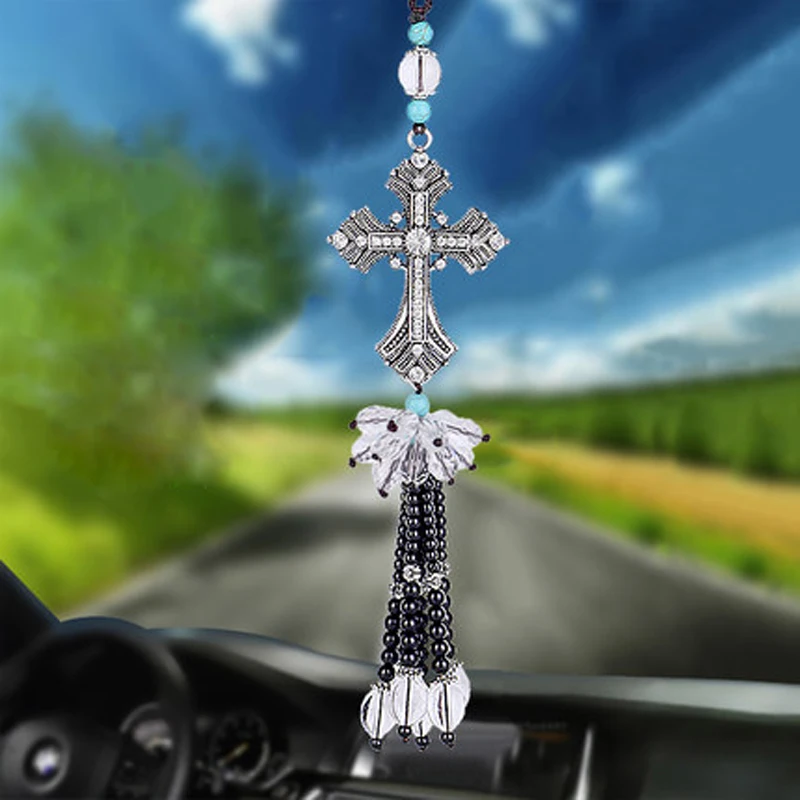 Metal And Crystal Diamond Cross Jesus Christian Car Rear View Mirror