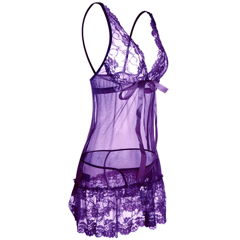 

Ladies Sexy pajamas deep V temptation lace transparent hollow embroidery sleep dress sexy underwear Kawaii pink Sling Pajamas