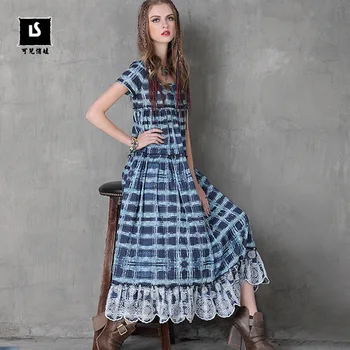 

Chloe brand dress 2019 summer wear new loose dress Retro embroidery plaid short-sleeved dress is 8116