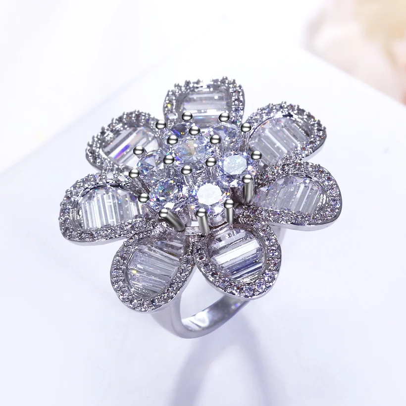 

Super Big Flower! Luxury Jewelry for Wedding Banquet Highest AAA Cubic Zircon Crystal Bride Bold Style Design Women Big Ring