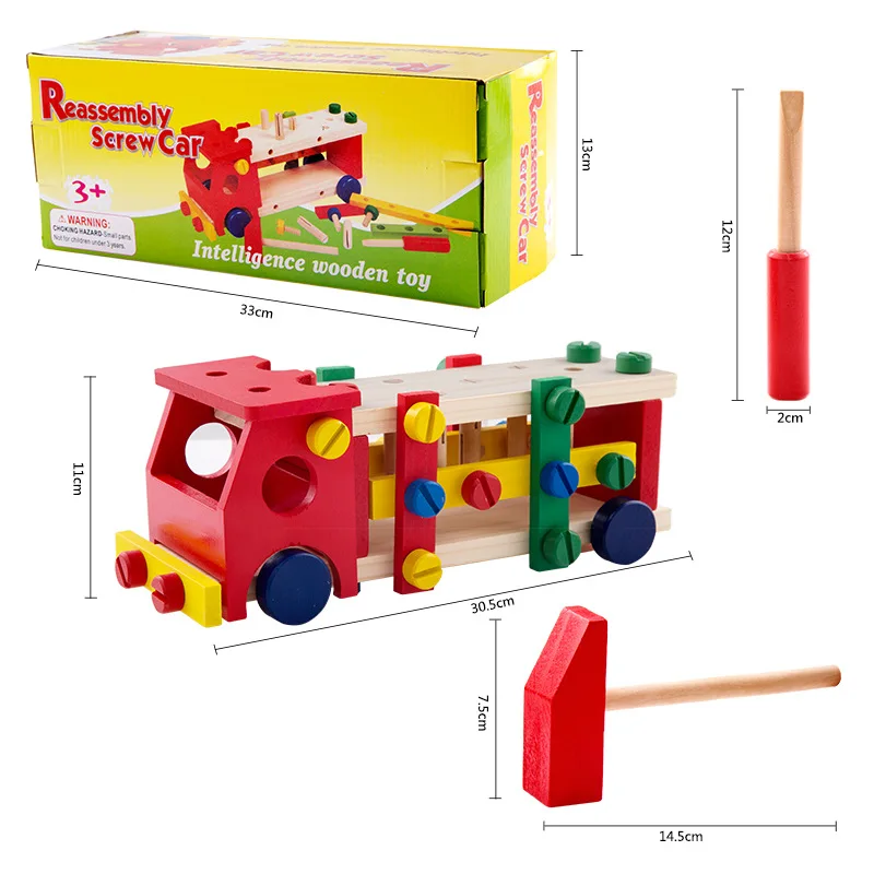 Детская деревянная разборка винтовой автомобиль «умный» Деревянный игрушка разборка игрушки "Молоток" 3Y - Цвет: Красный