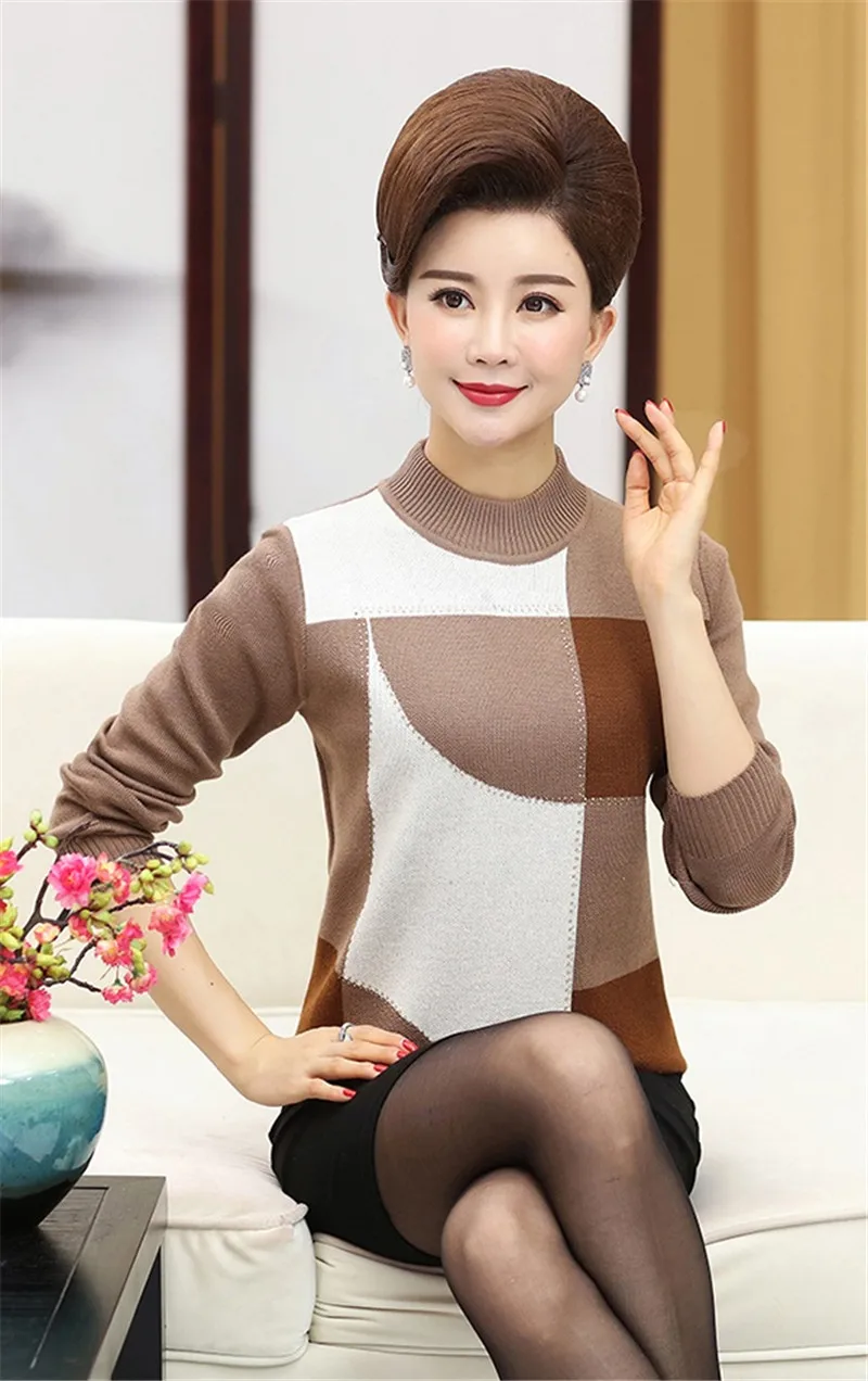 Осенний свитер для женщин среднего возраста пуловер размера плюс половина свободный свитер-водолазка зимнее женское Повседневное платье для мамы W48
