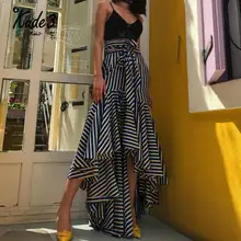 Женская длинная юбка с рюшами из хлопка в синюю полоску, асимметричные юбки с завышенной талией, богемные пляжные юбки с поясом-бабочкой 8446