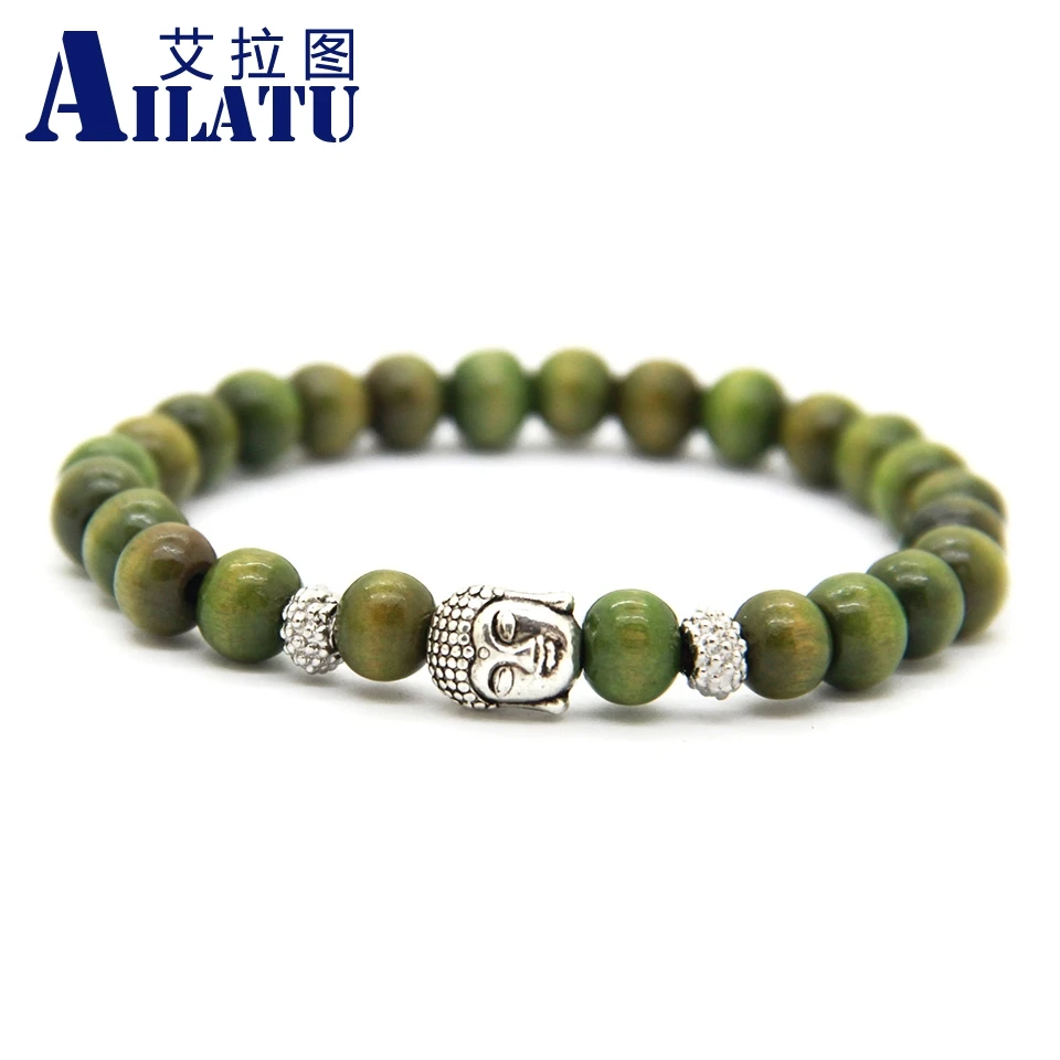 

Ailatu Promotion Green Wood Buddha Head Bracelet Jewelry Prayer Mala Beads Hombre Bracciali
