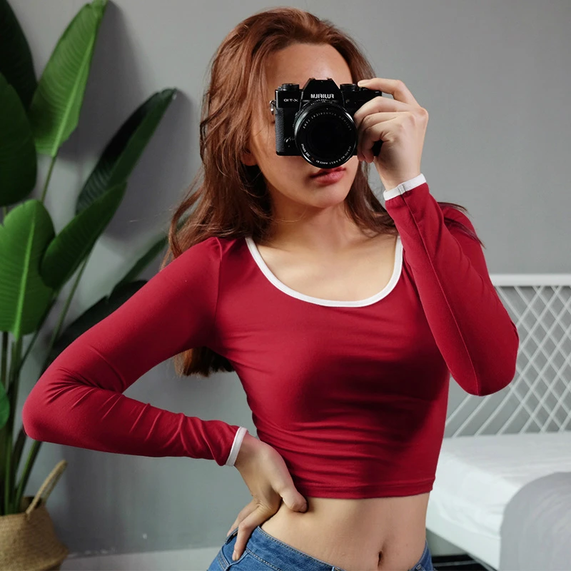 

Women's Short Crop Tops with Crop Tops and Long Sleeves Are Hot Sellers Pure Cotton Sexy Slim Round Neck Plain Color T-shirt