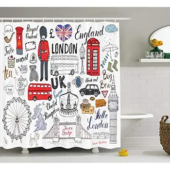 

Vixm Doodle I Love London Double Decker Bus Telephone Booth Cab Crown of United Kingdom Big Ben Shower Curtains