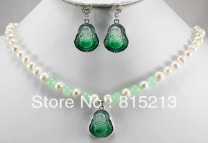 

ddh0085 Beautiful 7-8mm White pearl green jade luck Buddha pendant necklace earrings