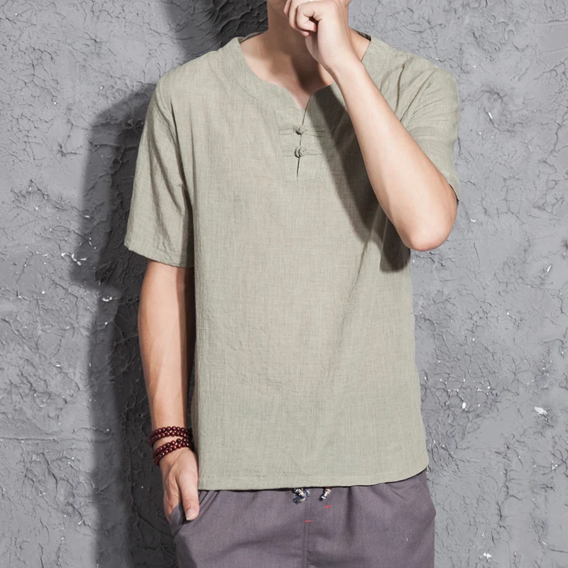 New Summer Casual Men' S Linen T-Shirts Short Sleeve Solid Mandarin Collar Fashion T-Shirt Mens Clothing Simple and Generous New Summer Casual Men' S Linen T-Shirts Short Sleeve Solid Mandarin Collar Fashion T-Shirt Mens Clothing Simple and Generous