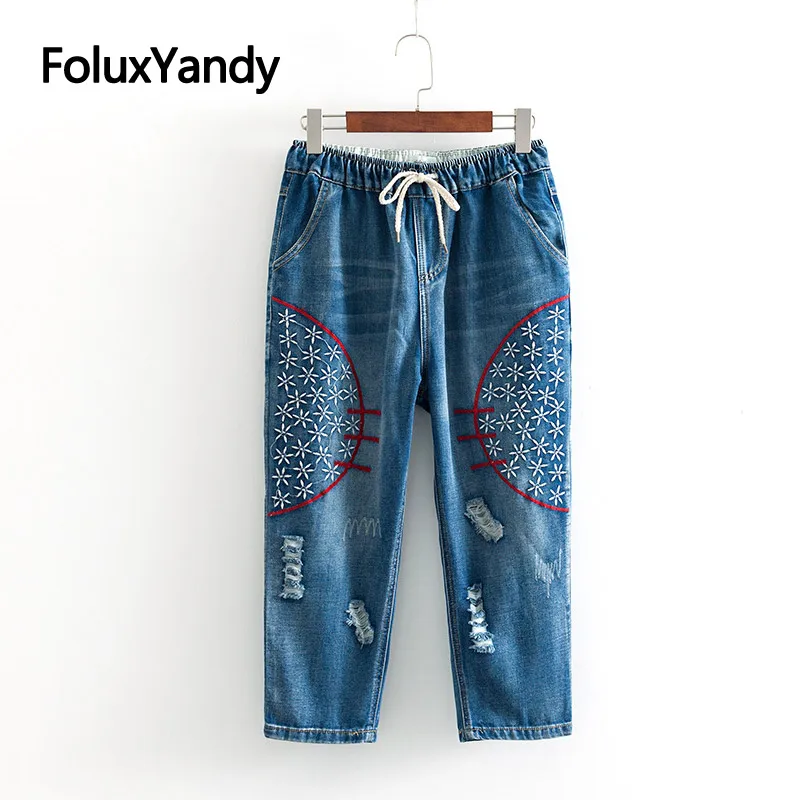 

Ankle-length Ripped Jeans Women Trousers Denim Harem Pants Plus Size XXXL Elastic Waist Loose Hole Embroidery Jeans KKFY3318