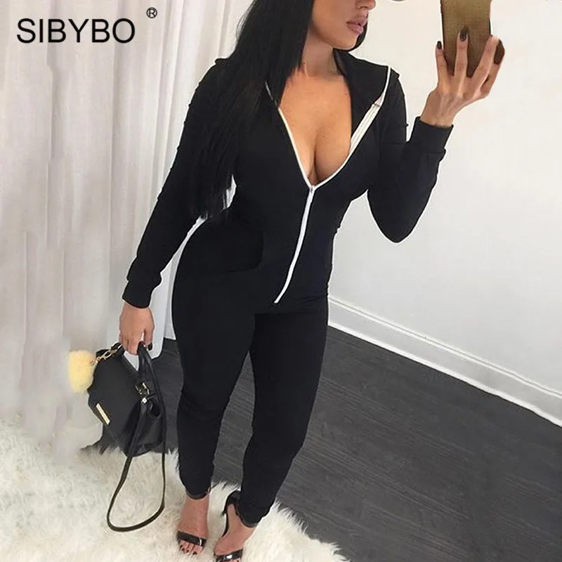 

SIBYBO Casual Pockets Zipper Rompers Fashion Autumn Winter Long Sleeve Bodycon Playsuit Hat Overalls Jumpsuits for Women 2019