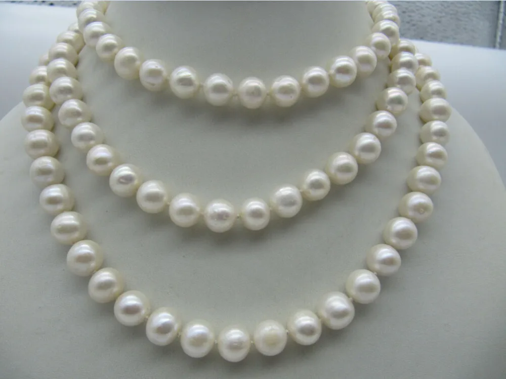

FREE shipping>>>>surprising 49" Natural south sea 9-10 mm white pearl necklace 14KGP yellow clasp 6.07