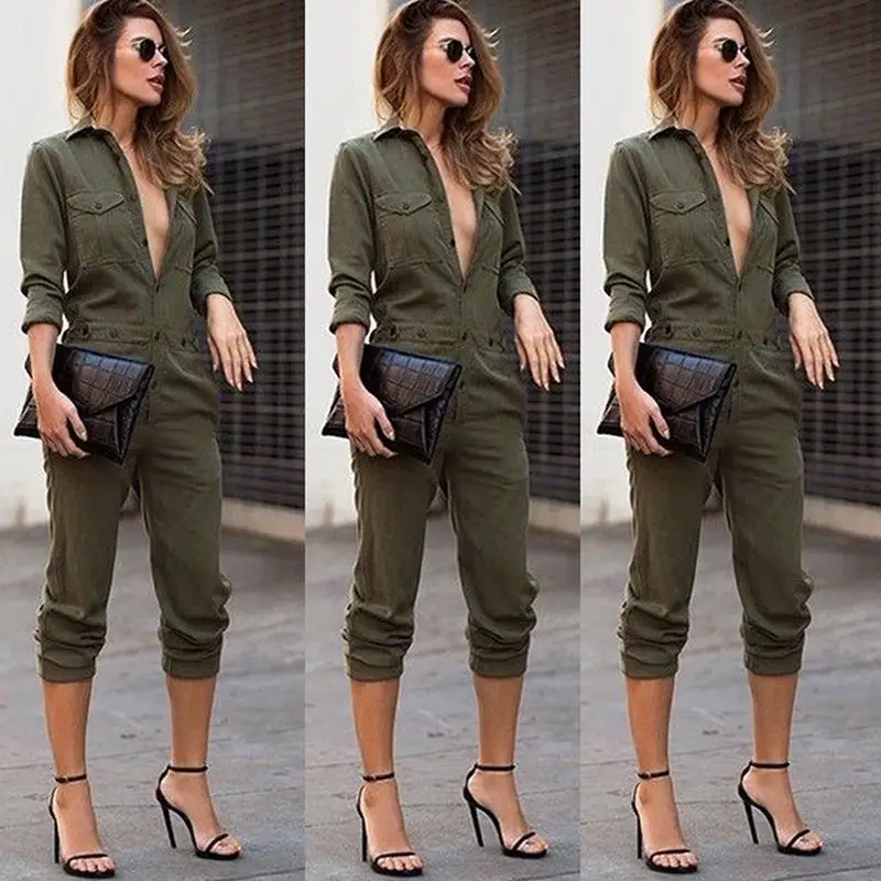 

S/M/L/XL Hot Women's Ladies Army Green Long Sleeves Turn-down Collar Buttons Closure Slim Playsuit Romper Jumpsuits Selling
