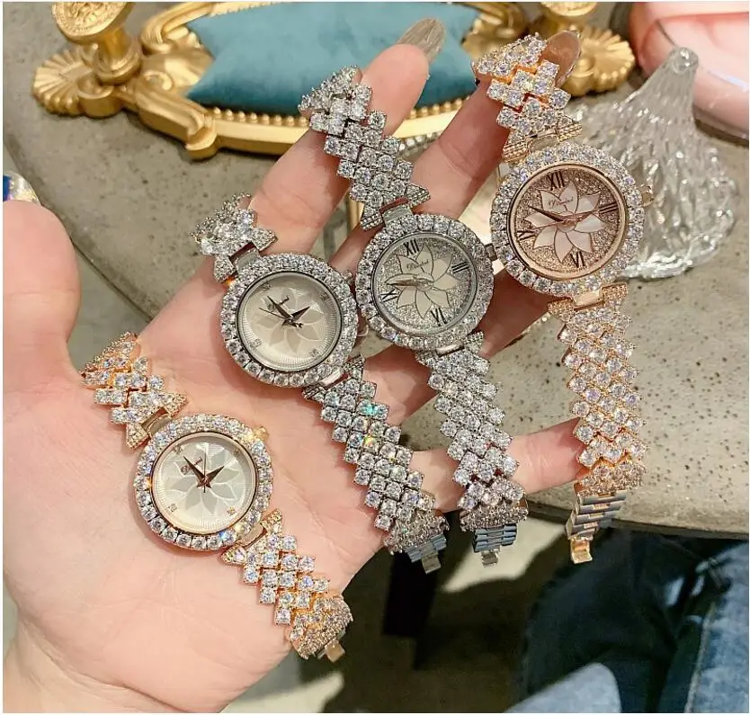 Для женщин часы с украшением в виде кристаллов кварца ромб браслет наручные часы с браслетом со стразами Сталь Ремень Розовые, золотые, женские часы с цветочным принтом