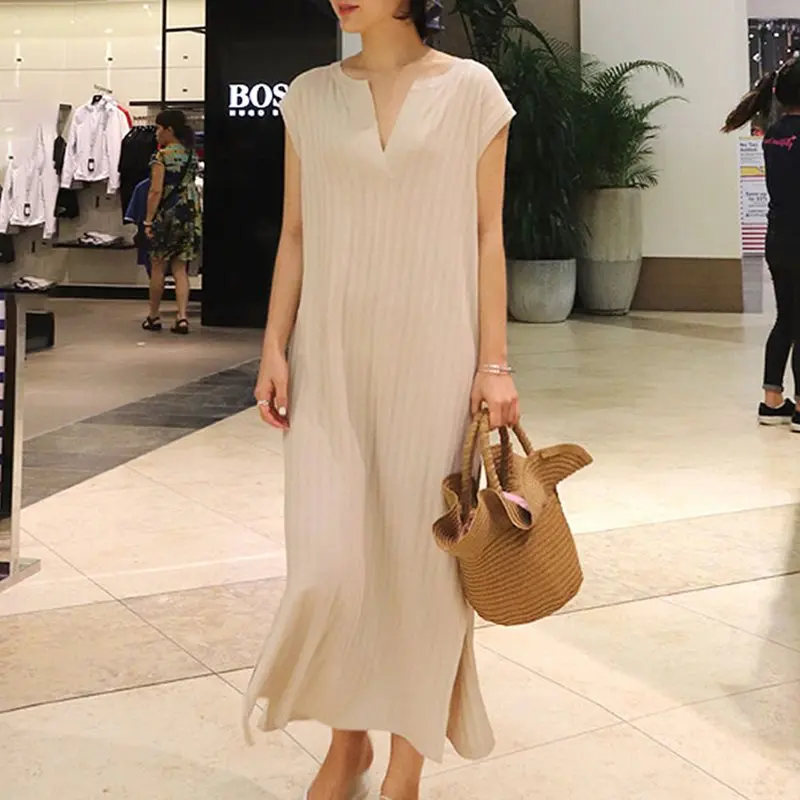 

Elegant Simple Sweet Office Ladies Vintage Summer Korean Women Long Dresses Casual Split Straight Plain Female Retro Maxi Dress