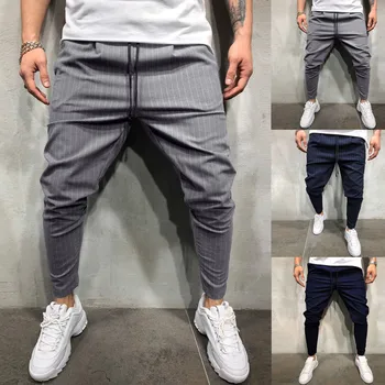 

KLV 2019 Fashion Men's Casual Solid Color Loose Striped Pocket Rope Pants Trousers Jogging Pants 6.11